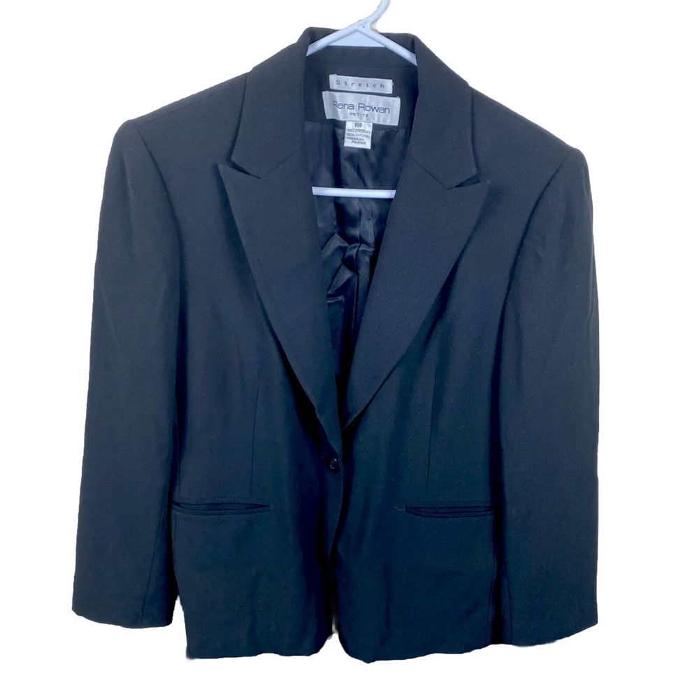 Rena Rowan Blazer Womens Size 10P Stretch Dress Jacket‎ Coat 1 Button Black Wool